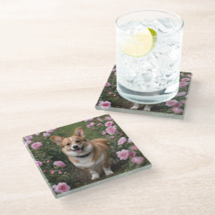 Corgi In The Pink Roses, Glass Coaster