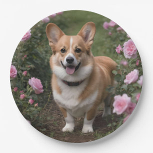 Corgi In The Pink Roses, Paper Plate