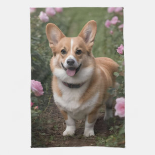 Corgi In The Pink Roses,  Tea Towel