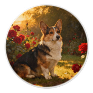 Corgi in the Roses I Ceramic Knob