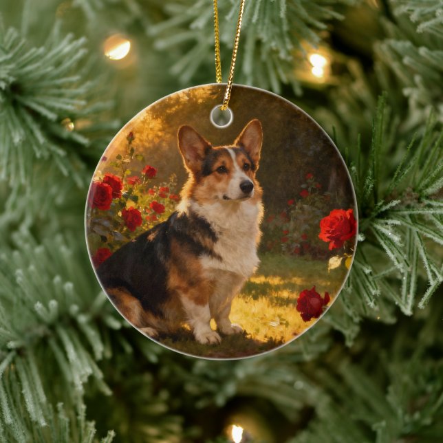 Corgi in the Roses I Ceramic Tree Decoration (Tree)