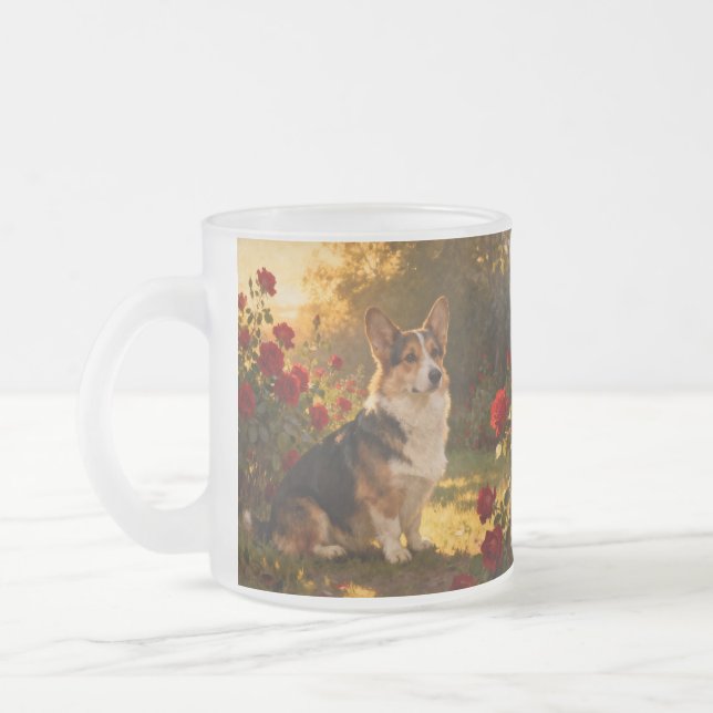 Corgi in the Roses I Frosted Glass Coffee Mug (Left)