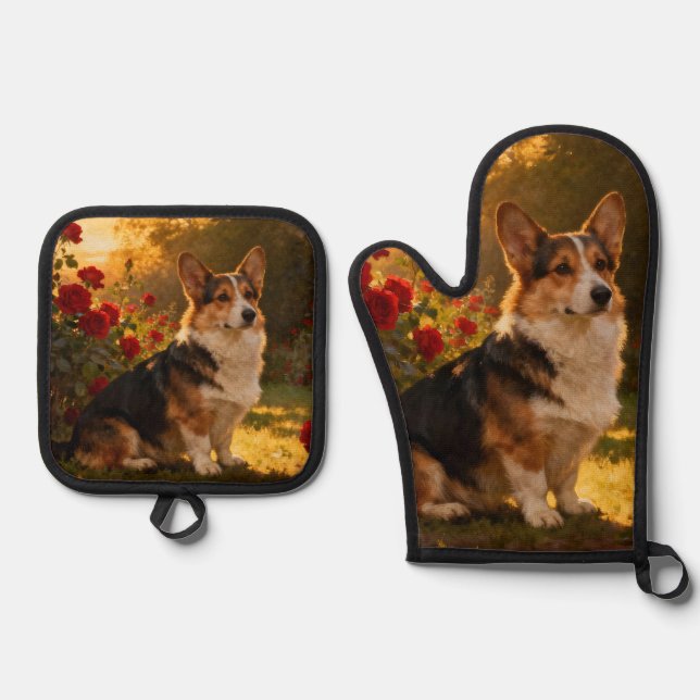 Corgi in the Roses I Oven Mitt & Pot Holder Set (Front)