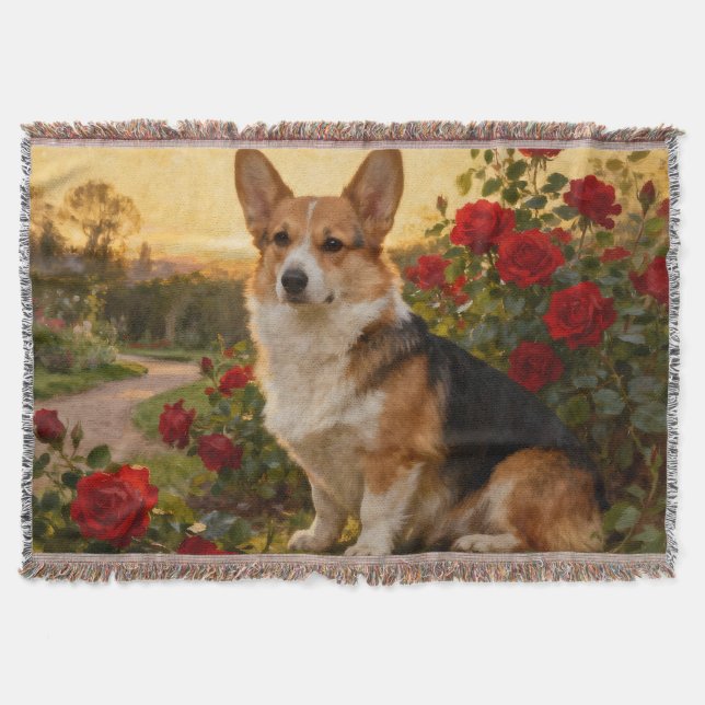 Corgi in the Roses II Throw Blanket (Front)