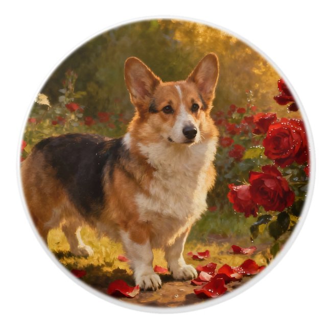 Corgi in the Roses V Ceramic Knob (Front)