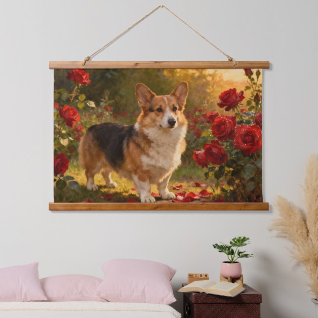 Corgi in the Roses V Hanging Tapestry (Bedroom)