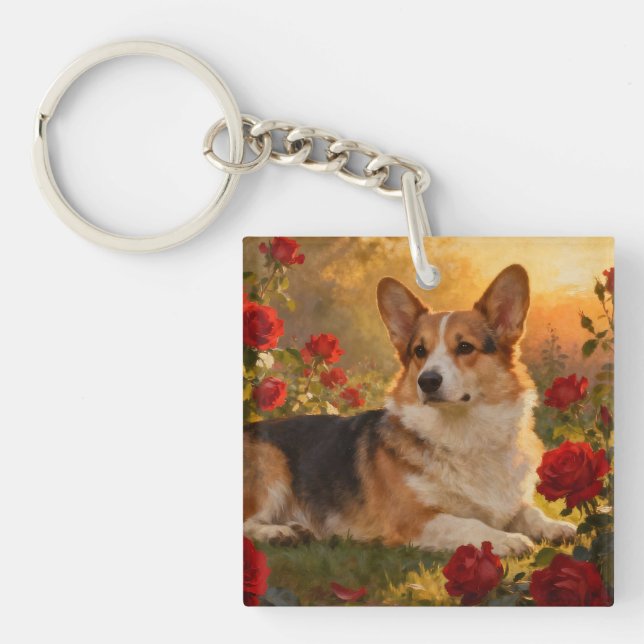 Corgi in the Roses VI Key Ring (Front)
