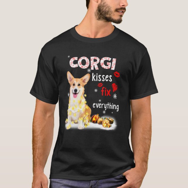 Corgi Kisses Fix Everything Christmas Light Pajama T-Shirt (Front)
