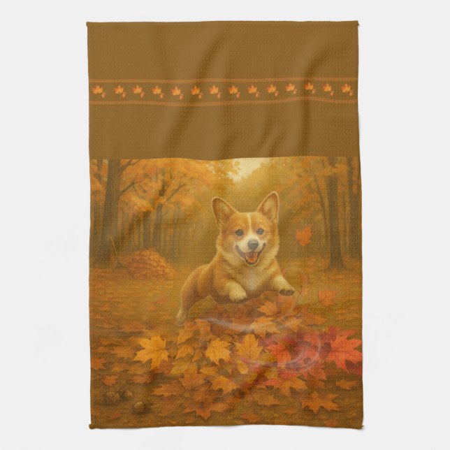 Corgi Leaf Leap Kitchen Towels (Vertical)