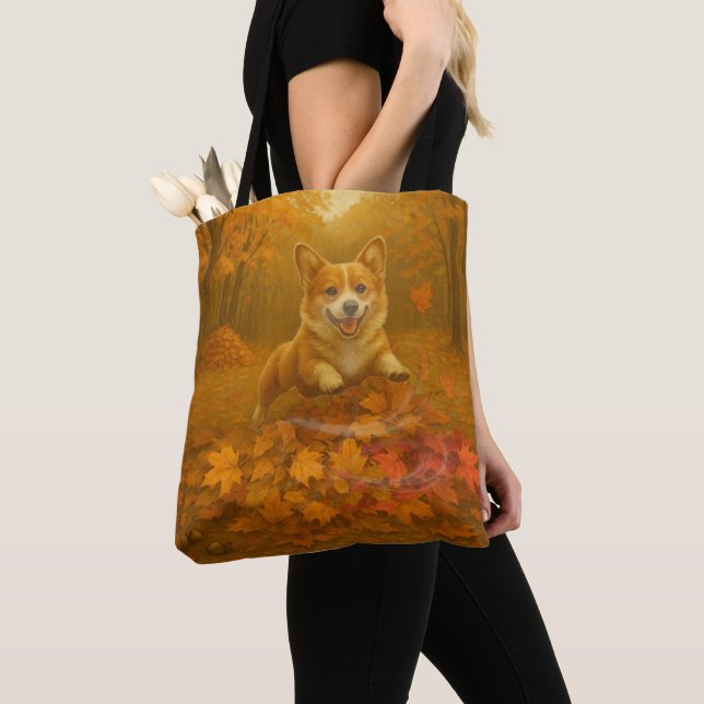 Corgi Leaf Leap Tote Bag (Close Up)
