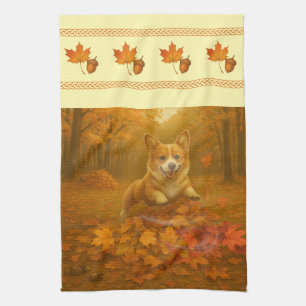 Corgi Leaf Leap Wide Border Kitchen Towels