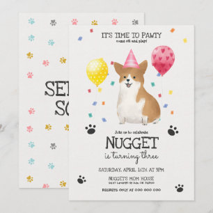 Corgi Lets Pawty Dog Birthday Invitation Pink