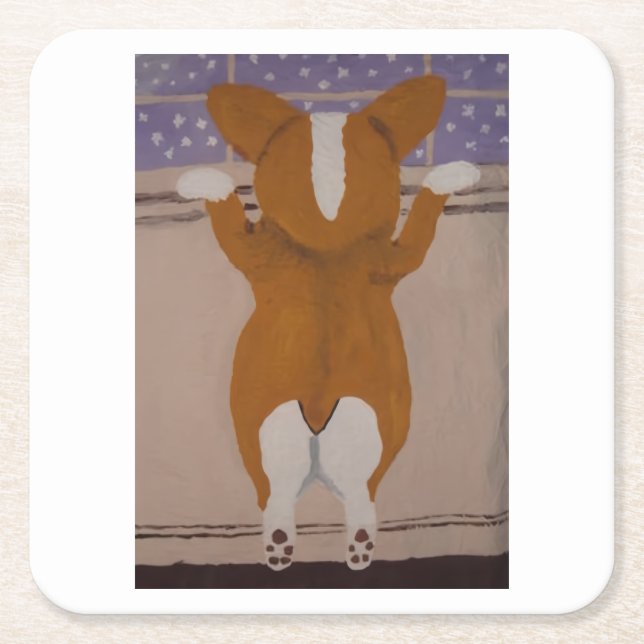 Corgi looking out window square paper coaster (Front)