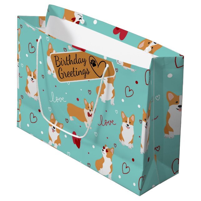 Corgi Love Cartoon Pattern with Custom Greeting  Large Gift Bag (Front Angled)