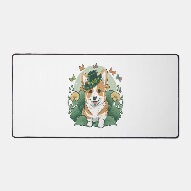 Corgi Lover Shamrock Happy St Patricks Day Desk Mat (Front)