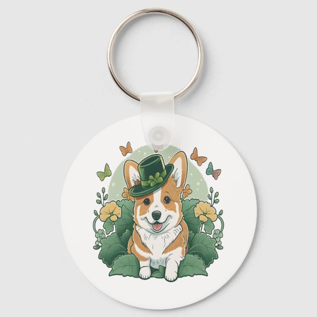 Corgi Lover Shamrock Happy St Patricks Day Key Ring (Front)