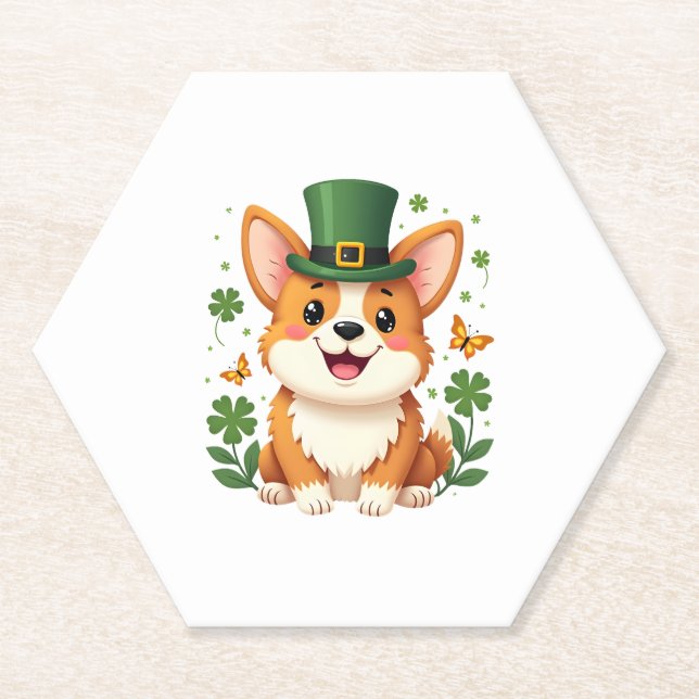 Corgi Lover Shamrock Happy St Patricks Day Paper Coaster (Front)