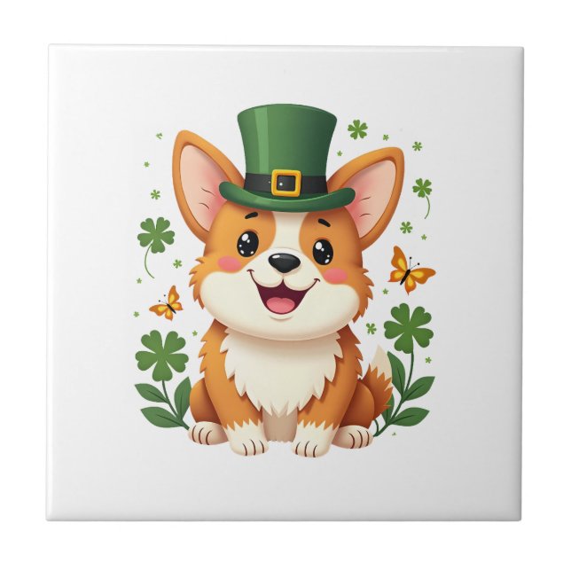 Corgi Lover Shamrock Happy St Patricks Day Tile (Front)