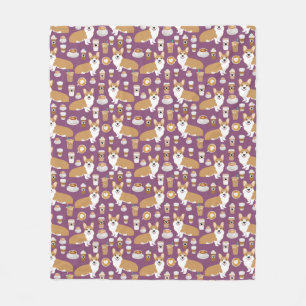 Corgi loves coffee purple fleece blanket