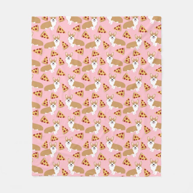 Corgi loves pizza pink fleece blanket (Front)
