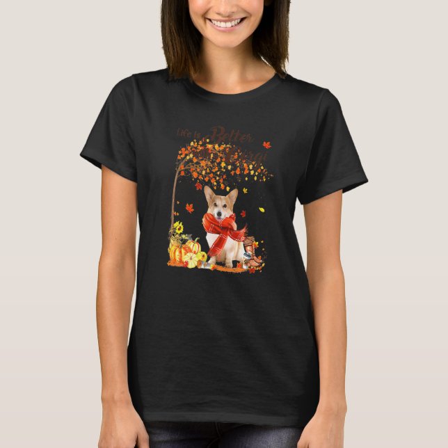 Corgi Maple Tree Thanksgiving Day Cute Dog Fall   T-Shirt (Front)