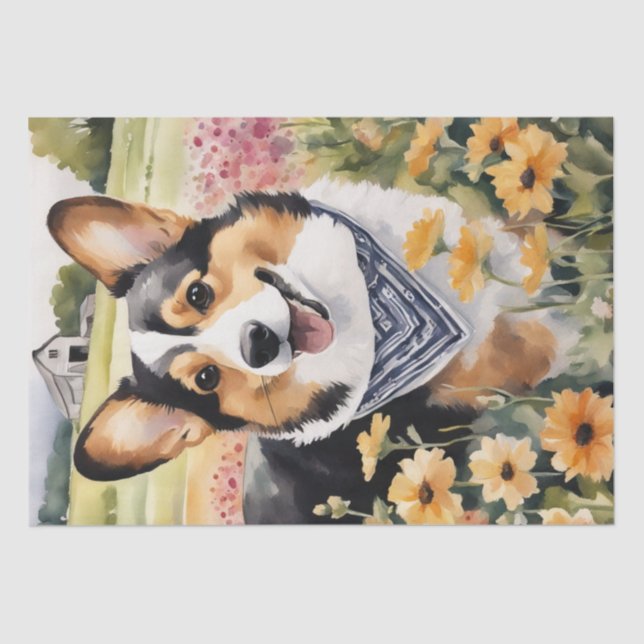 Corgi Meadow Magic: A Floral Decoupage Delight Tissue Paper (Front)