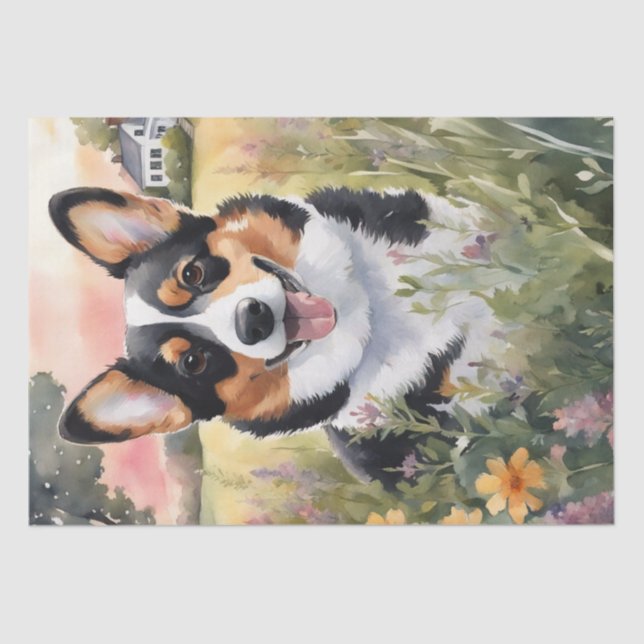 Corgi Meadow Magic: A Floral Decoupage Delight Tissue Paper (Front)