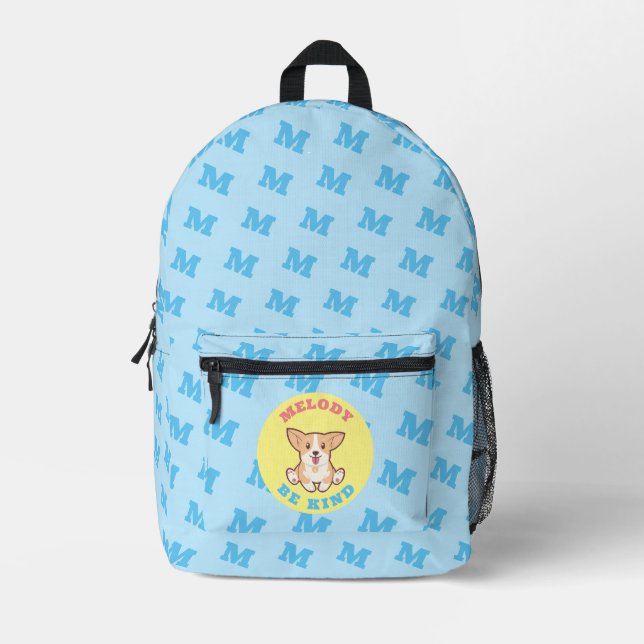 Corgi Monogrammed Pattern Blue Cute Modern Printed Backpack (Front)