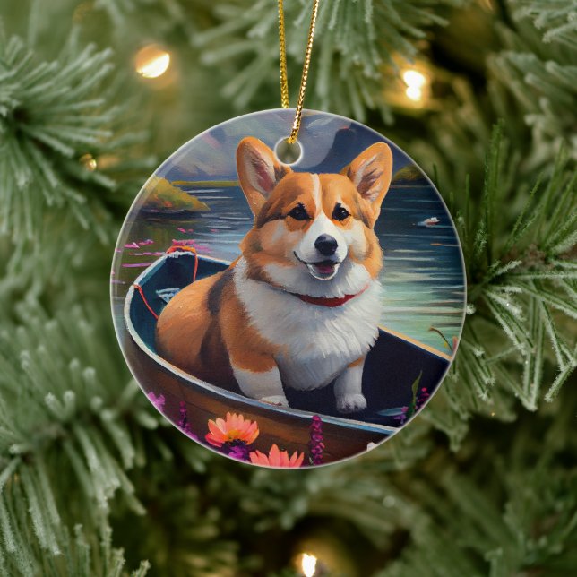 Corgi on a Paddle: A Scenic Adventure Ceramic Tree Decoration (Tree)