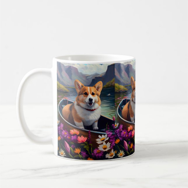 Corgi on a Paddle: A Scenic Adventure Coffee Mug (Left)