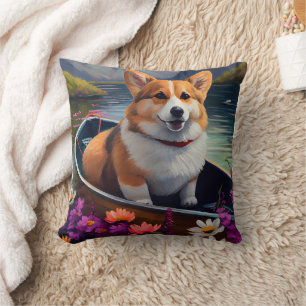 Corgi on a Paddle: A Scenic Adventure  Cushion
