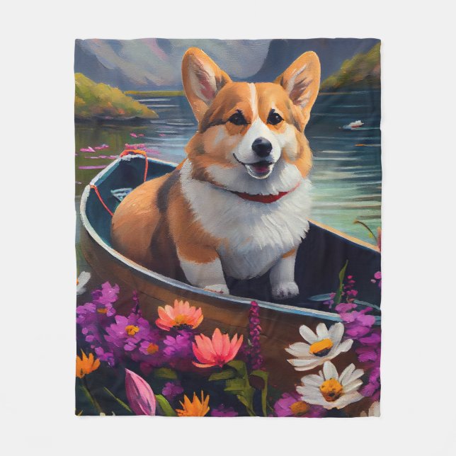 Corgi on a Paddle: A Scenic Adventure Fleece Blanket (Front)