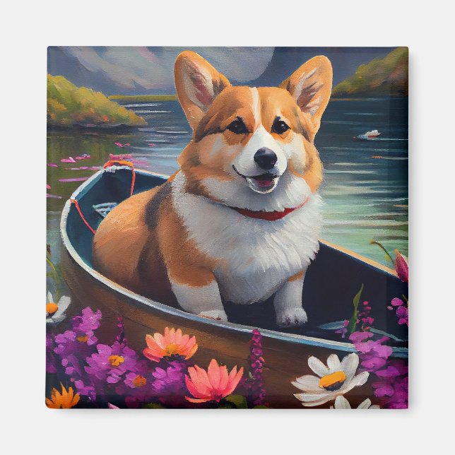 Corgi on a Paddle: A Scenic Adventure Magnet (Front)