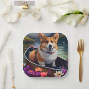Corgi on a Paddle: A Scenic Adventure Paper Plate