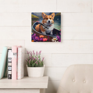 Corgi on a Paddle: A Scenic Adventure Square Wall Clock