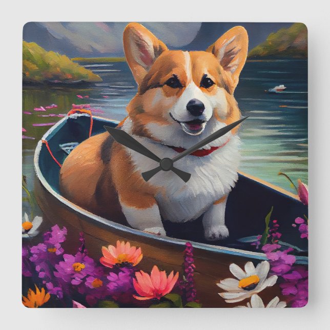 Corgi on a Paddle: A Scenic Adventure Square Wall Clock (Front)