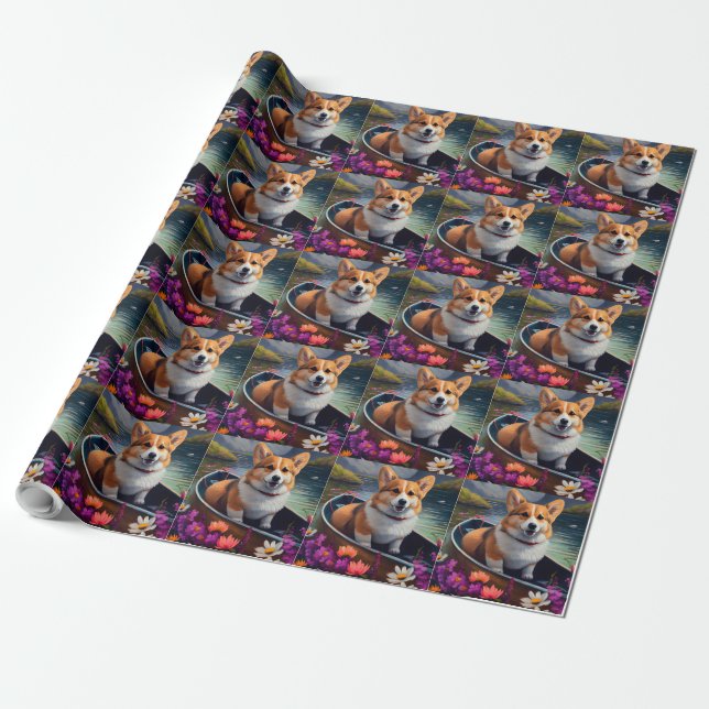 Corgi on a Paddle: A Scenic Adventure Wrapping Paper (Unrolled)