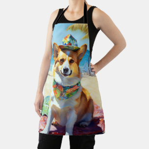 Corgi on Beach, summer gift for dog lovers  Apron
