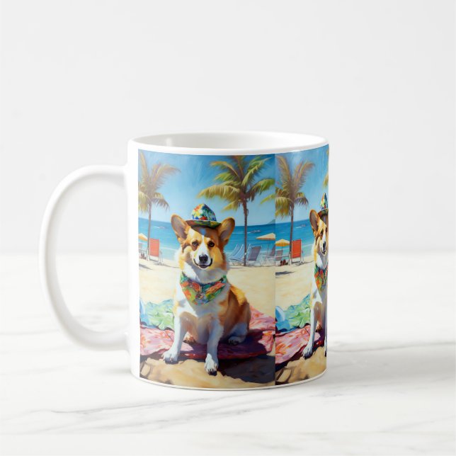 Corgi on Beach, summer gift for dog lovers  Coffee Mug (Left)