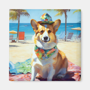 Corgi on Beach, summer gift for dog lovers Magnet