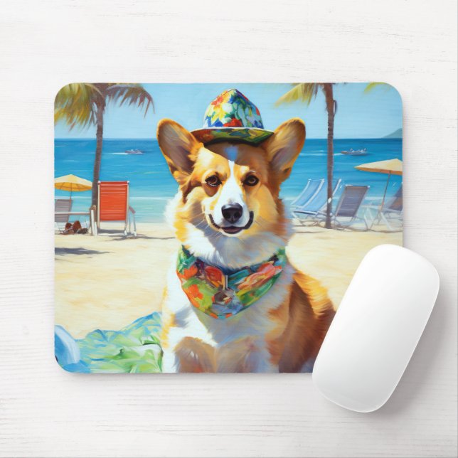 Corgi on Beach, summer gift for dog lovers  Mouse Mat (With Mouse)