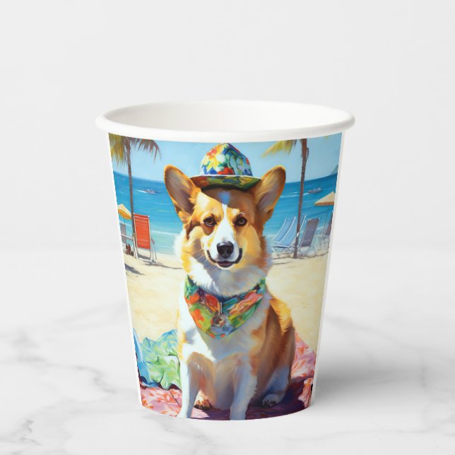 Corgi on Beach, summer gift for dog lovers  Paper Cups (Front)