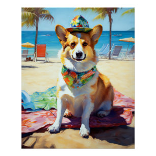 Corgi on Beach, summer gift for dog lovers  Poster
