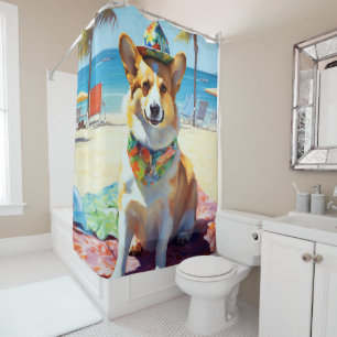 Corgi on Beach, summer gift for dog lovers Shower Curtain