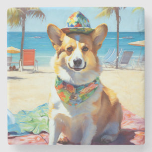 Corgi on Beach, summer gift for dog lovers  Stone Coaster