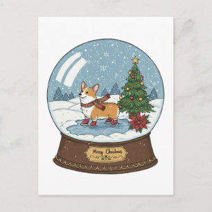 Corgi on Skates Christmas Postcard