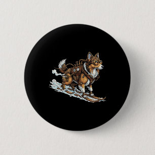 Corgi On Skis Steampunk Goggles Br Gears Winter 6 Cm Round Badge