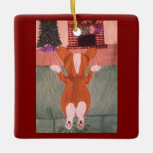 Corgi on sofa watching for Santa Ceramic Ornament