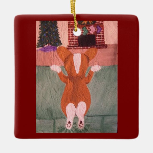 Corgi on sofa watching for Santa  Ceramic Ornament (Front)