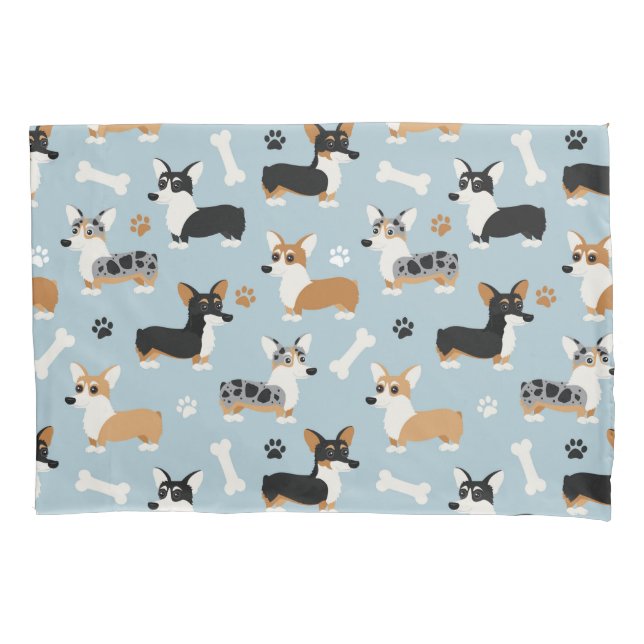 Corgi Pattern Blue Pillowcase (Front)